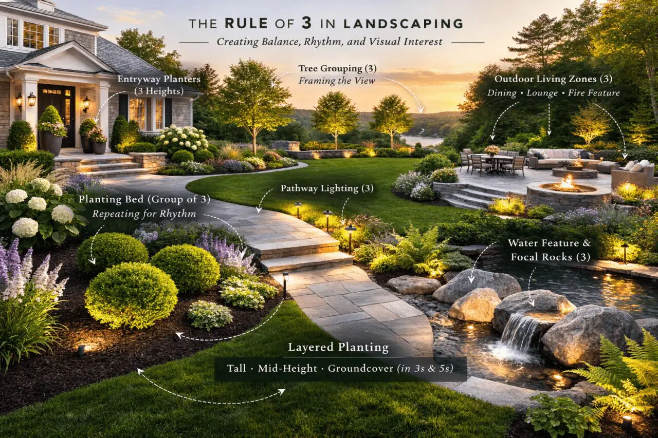 The Rule of 3 is a landscape design principle that recommends grouping elements in sets of three rather than pairs.
