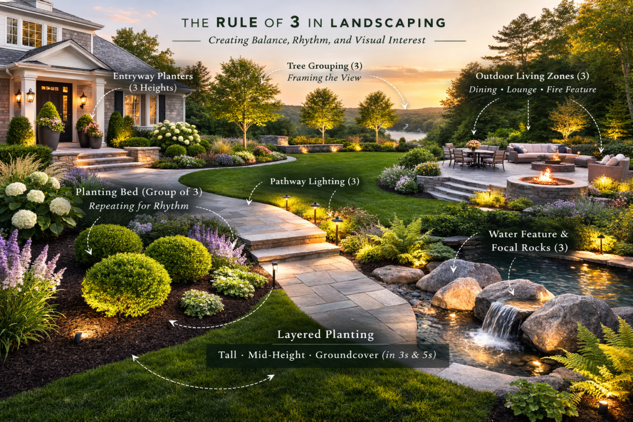 The Rule of 3 is a landscape design principle that recommends grouping elements in sets of three rather than pairs.