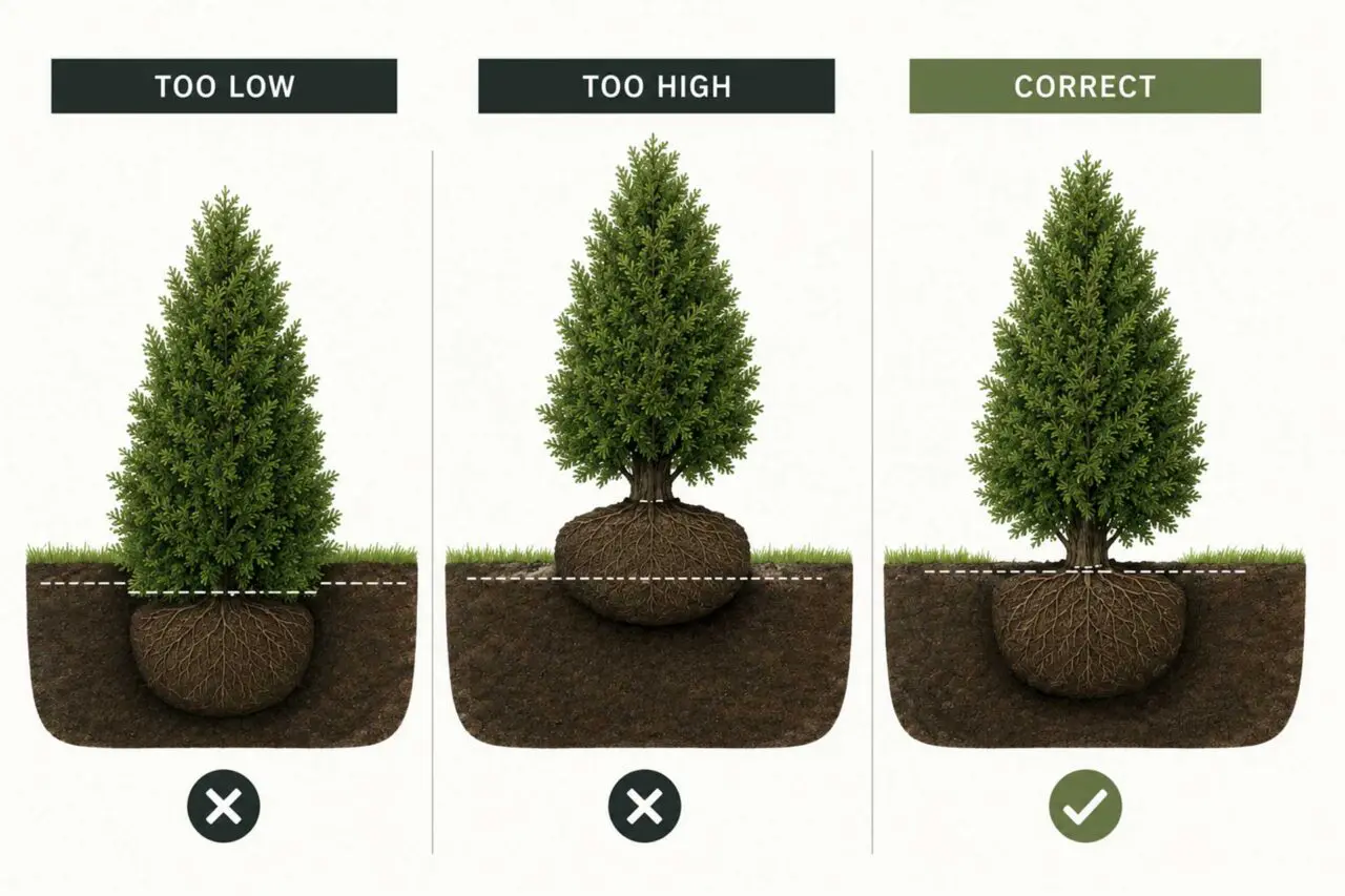 Arborvitae planted too deep or too shallow may struggle, while proper planting keeps the root flare near the soil surface.