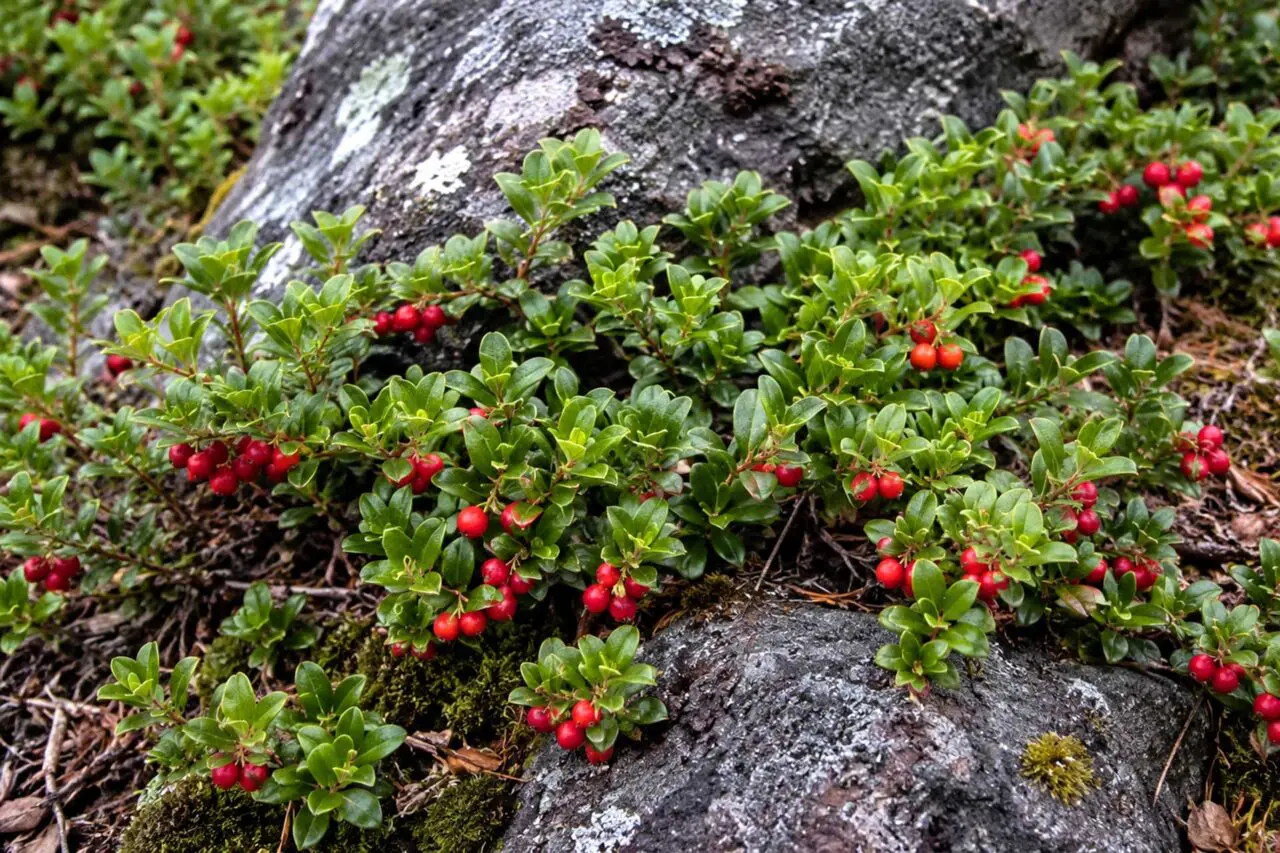 Bearberry (Arctostaphylos uva-ursi) is a hardy evergreen groundcover that helps stabilize slopes while adding year-round color and seasonal red berries.