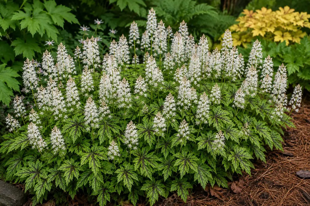 Foamflower (Tiarella cordifolia) is a native woodland perennial with delicate white spring flowers and attractive foliage, making it an excellent groundcover for shaded gardens and woodland slopes.