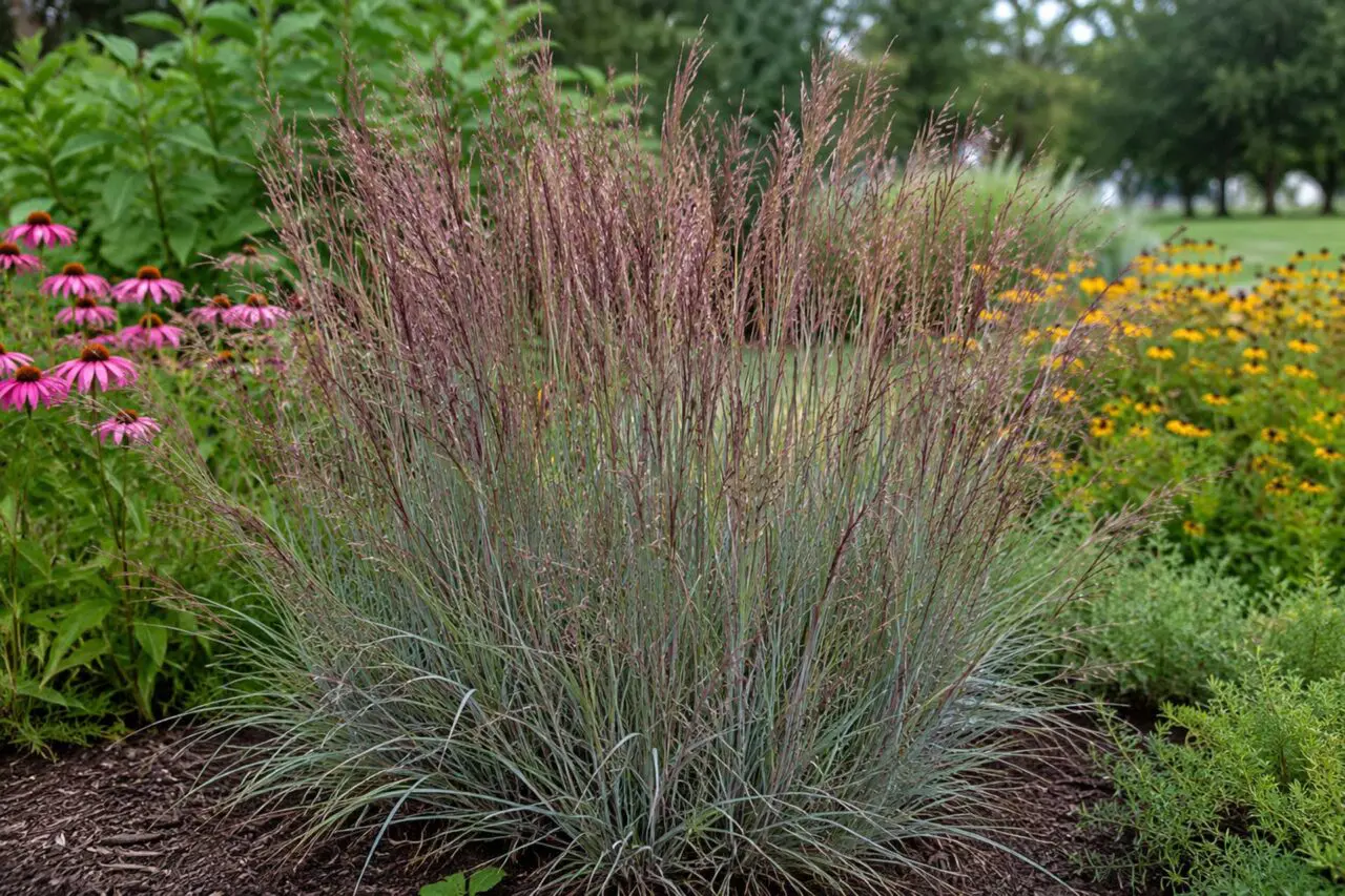 Little Bluestem (Schizachyrium scoparium) is a native ornamental grass that provides deep roots for erosion control, blue-green summer foliage, and striking copper-red color in fall.