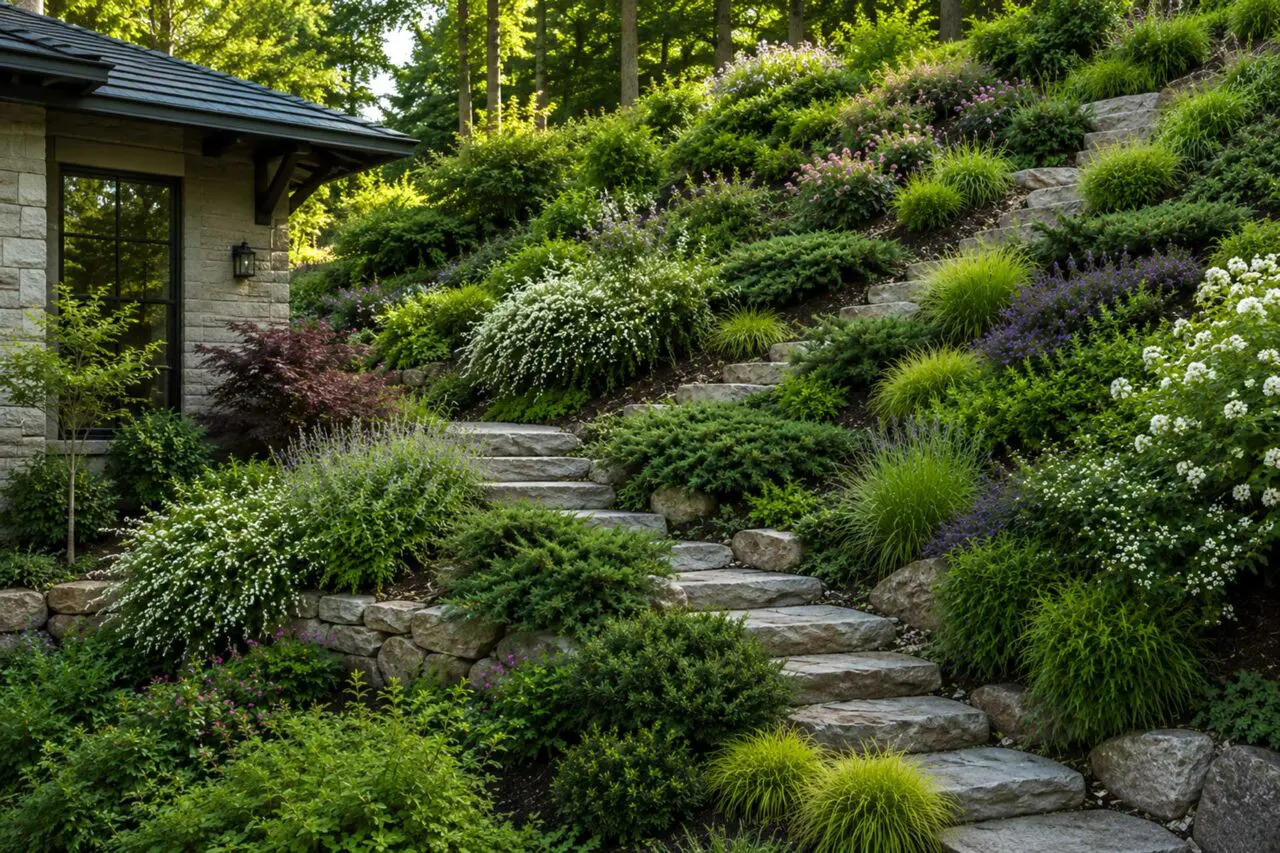A diverse mix of shrubs, grasses, and groundcovers helps control erosion by slowing runoff, protecting the soil from heavy rain, and reinforcing the slope with an extensive root system.