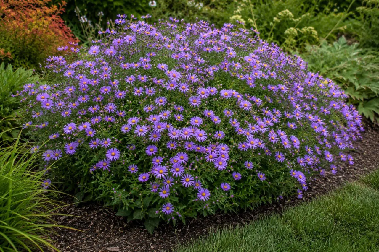 New England Aster (Symphyotrichum novae-angliae) produces masses of vibrant purple flowers in late summer and fall, providing outstanding color, pollinator habitat, and seasonal interest.