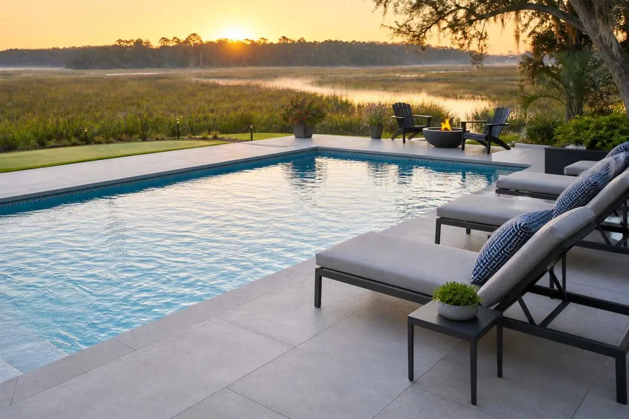 Large-format porcelain pavers create a clean, contemporary pool surround, offering a refined surface that complements the water, furnishings, and open coastal view.