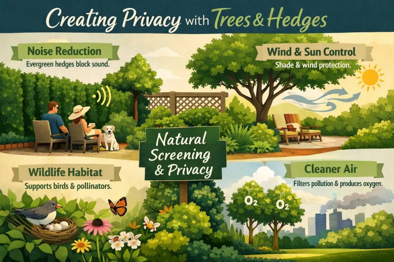 Trees, shrubs, and hedges do more than screen a property. They can make an outdoor space quieter, cooler, more private, and more supportive of birds and pollinators.