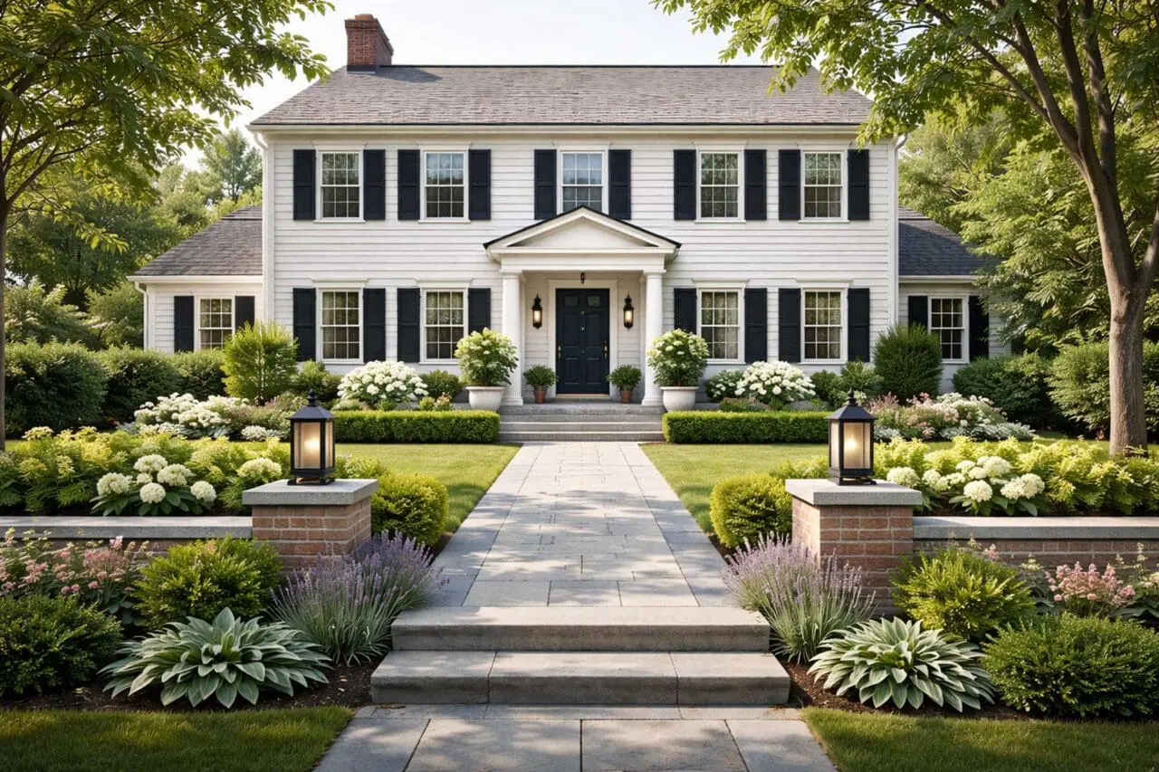 Symmetry, crisp walkways, and restrained foundation planting help this Colonial-style front yard feel balanced, welcoming, and true to the architecture.
