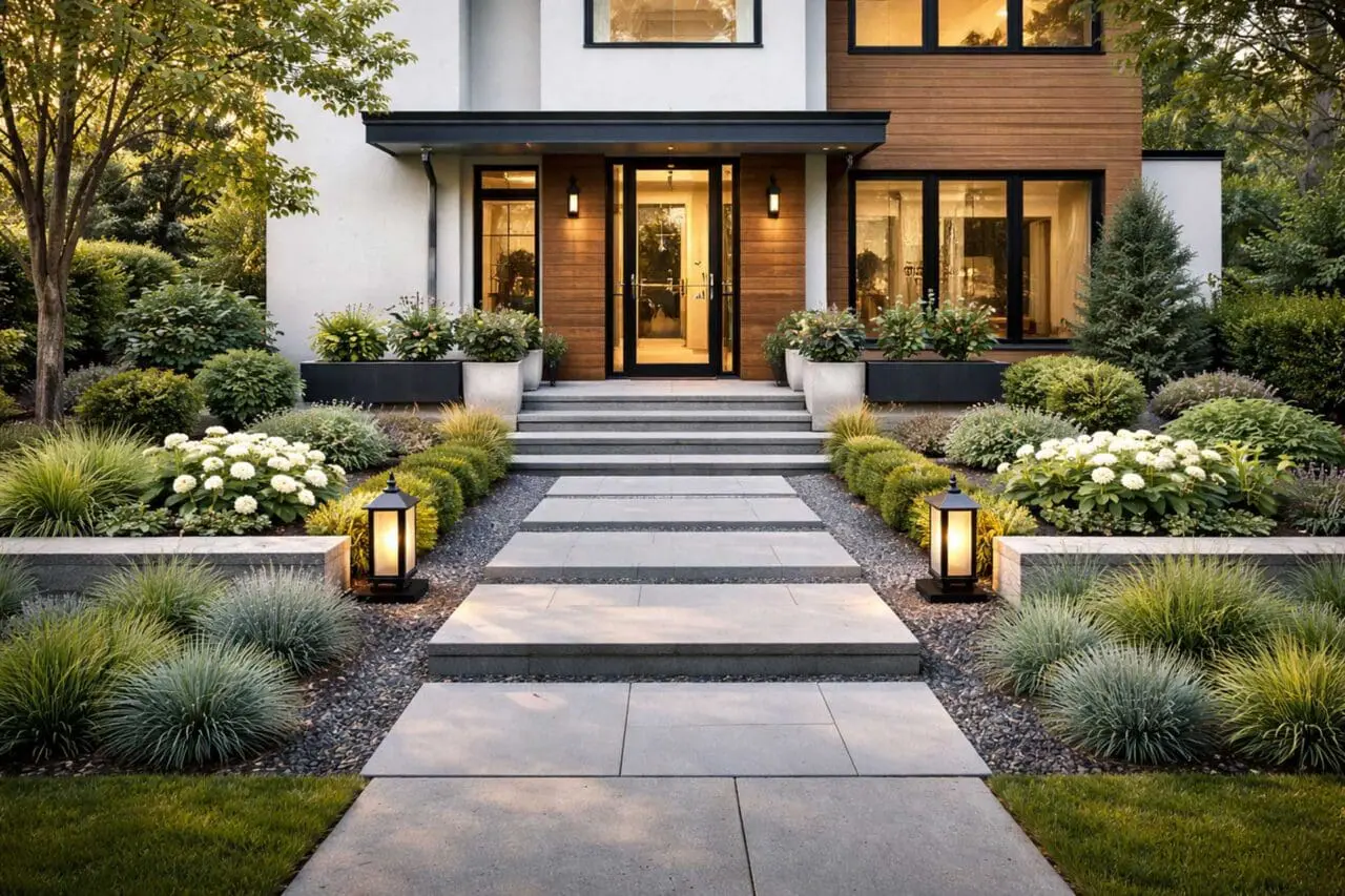 Clean geometry, restrained planting, and strong material contrasts give this contemporary front yard a crisp, intentional sense of curb appeal.