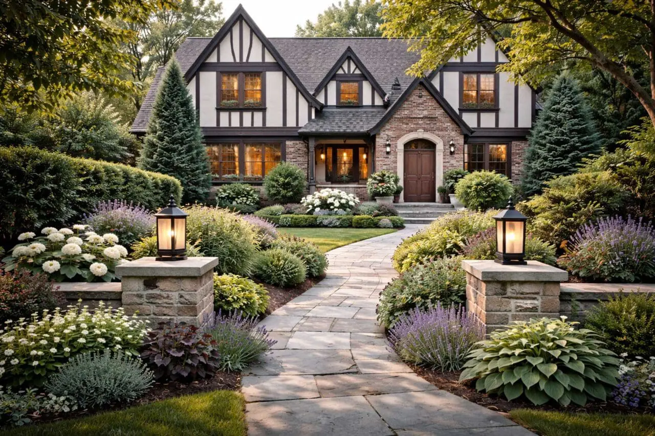 Stone, brick, layered evergreens, and a slightly more concealed approach give this Tudor front yard the depth, structure, and sense of enclosure that suit the architecture so well.