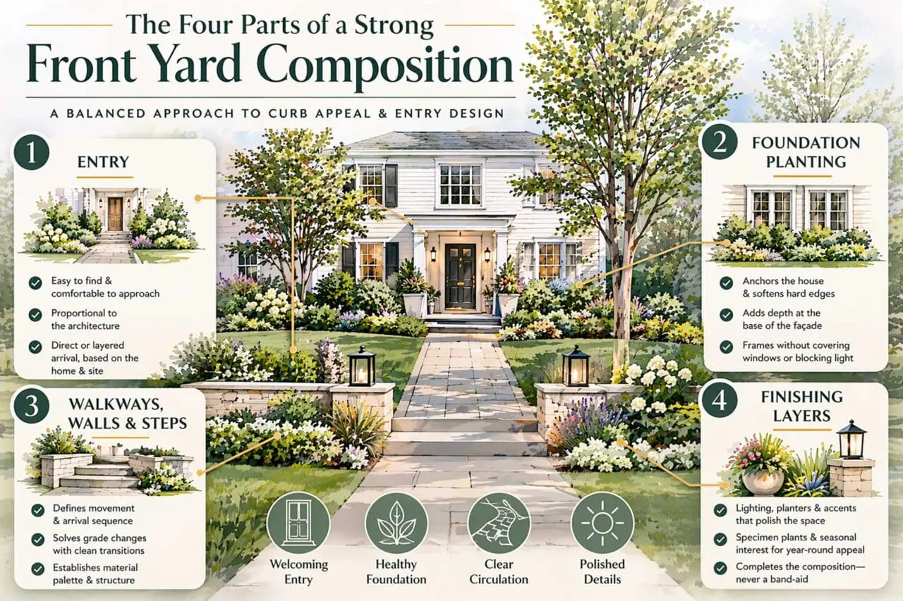 A well-designed front yard feels cohesive from the first step in. This illustration highlights how entry design, foundation planting, structural hardscape, and finishing details work together to create a welcoming and polished arrival.