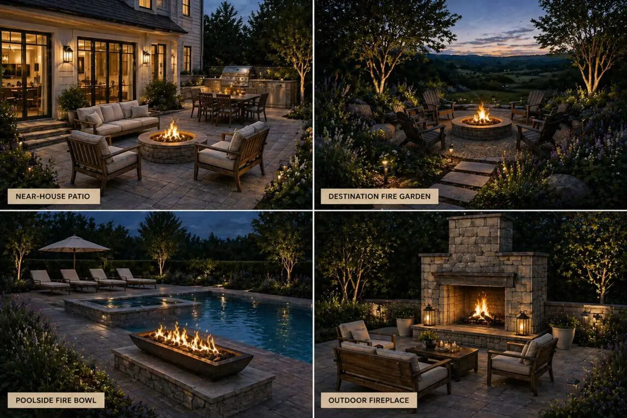 Four fire feature placement options show how patios, garden destinations, pool terraces, and outdoor fireplaces can each create a distinct gathering space within the landscape.