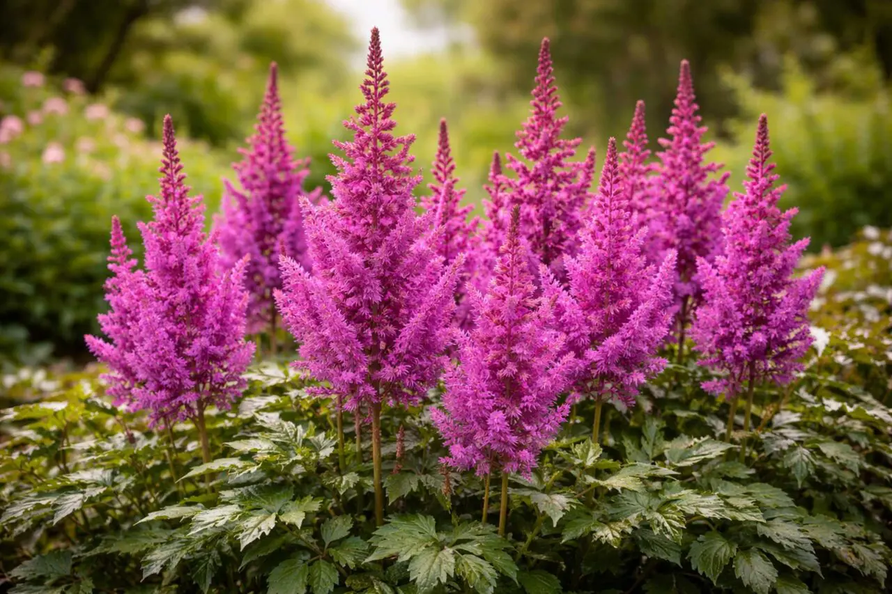 Astilbe produces soft, feathery plumes of summer color and thrives in partial shade, while its textured foliage is generally ignored by deer.