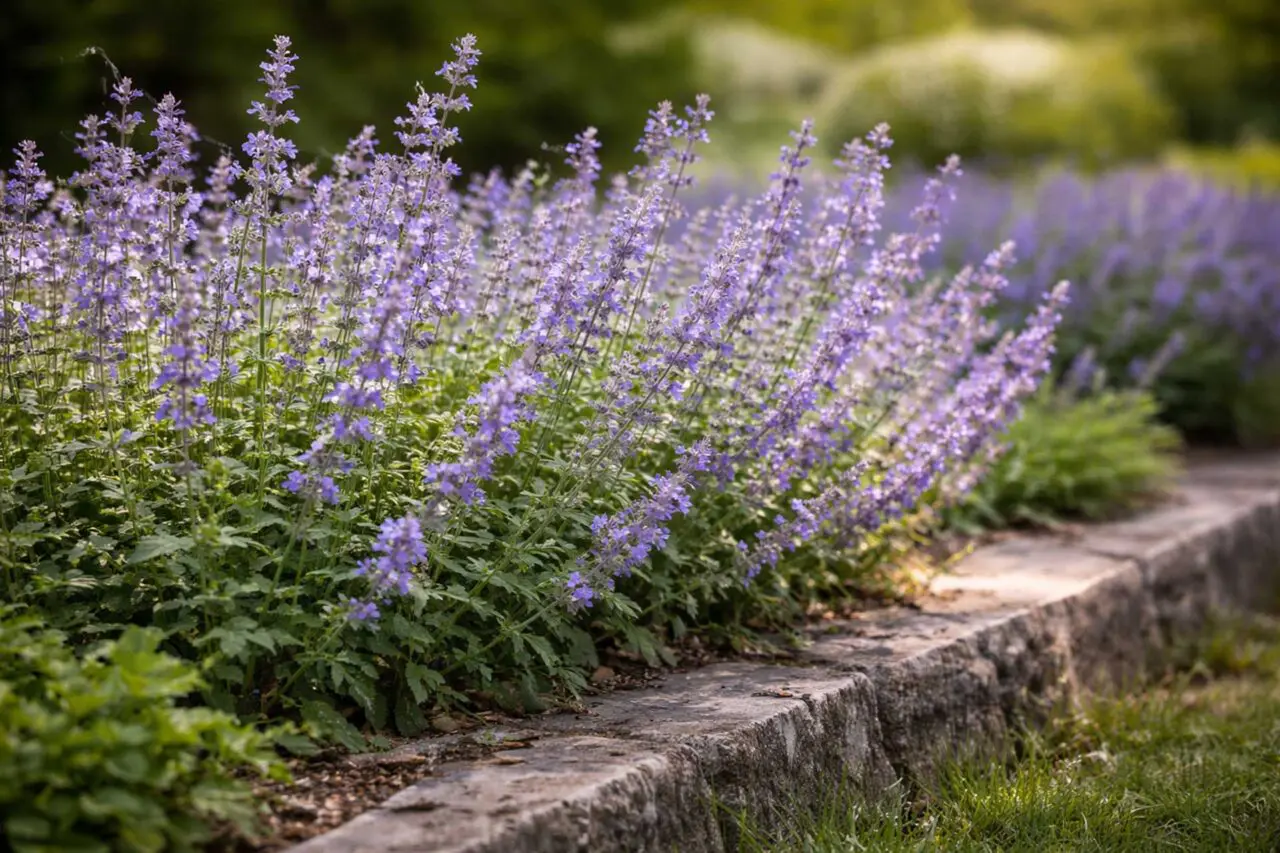 Catmint creates soft waves of lavender-blue flowers along garden borders, and its aromatic foliage helps deter deer browsing.