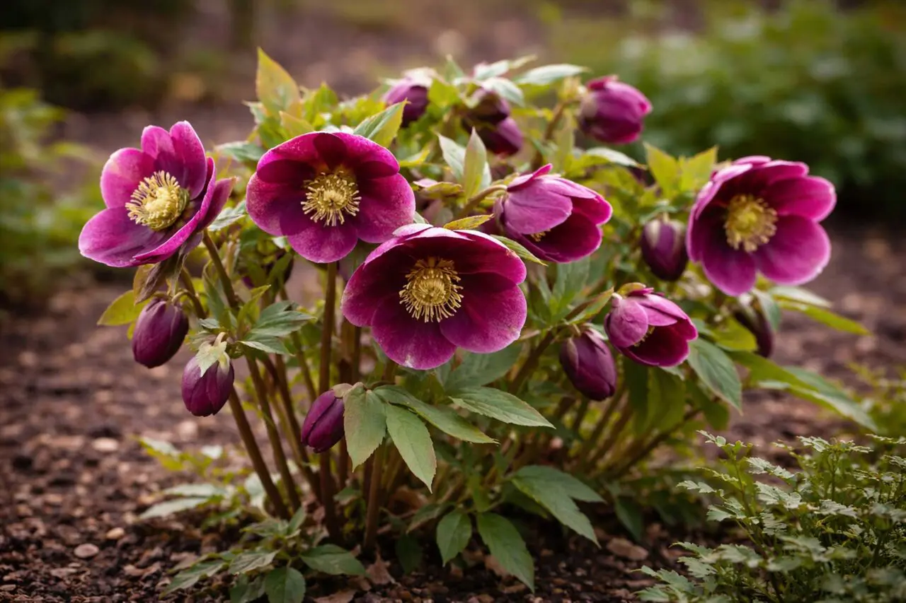 Hellebores are shade-tolerant perennials prized for their early-season blooms and thick, leathery foliage that deer typically avoid.