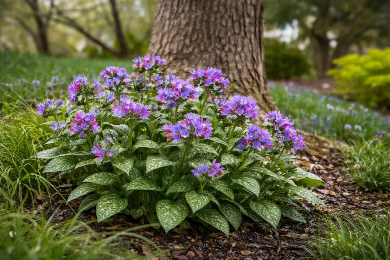 Lungwort (Pulmonaria) features softly speckled leaves covered in coarse hairs, a texture that helps deter deer and rabbits while adding early-season color to shaded garden beds.