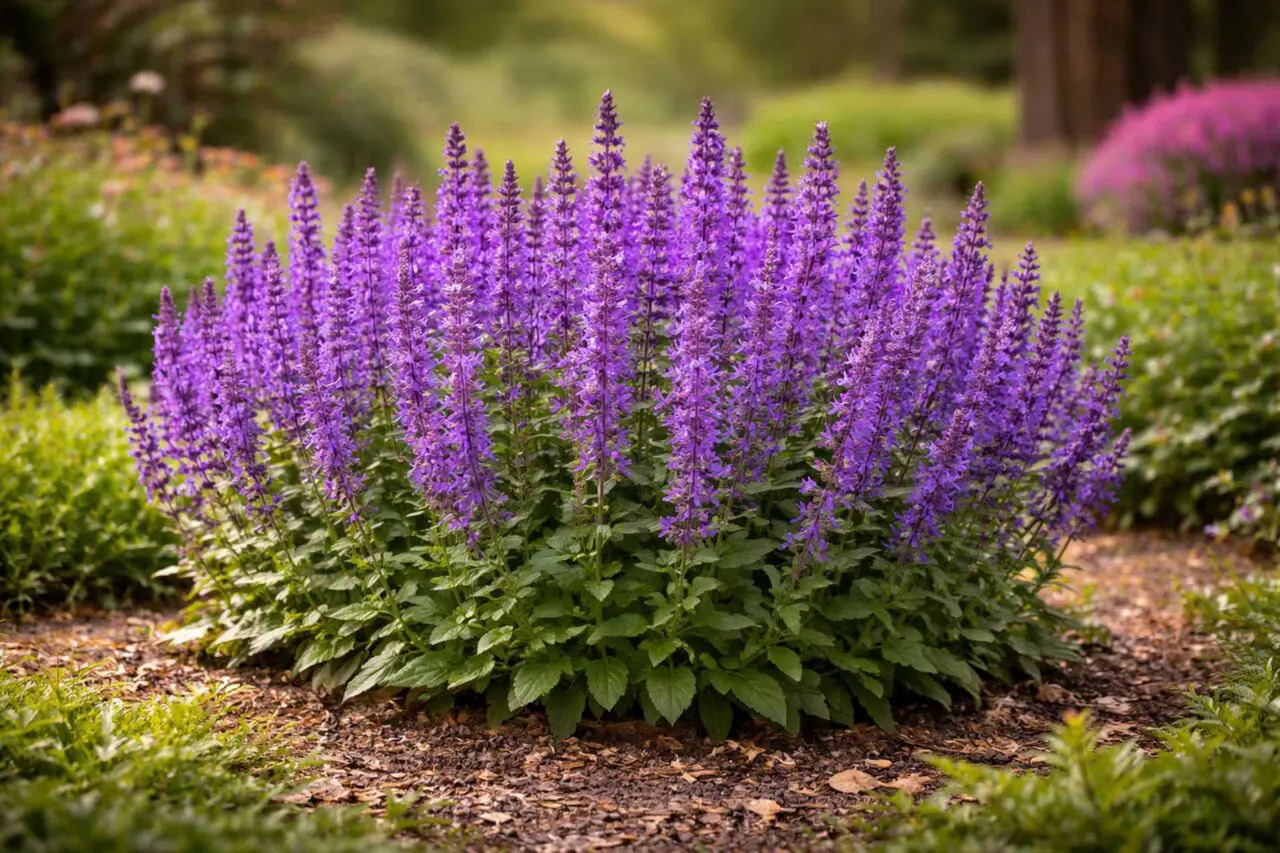 Salvia features tall spikes of vibrant flowers and fragrant foliage that pollinators love but deer typically avoid.