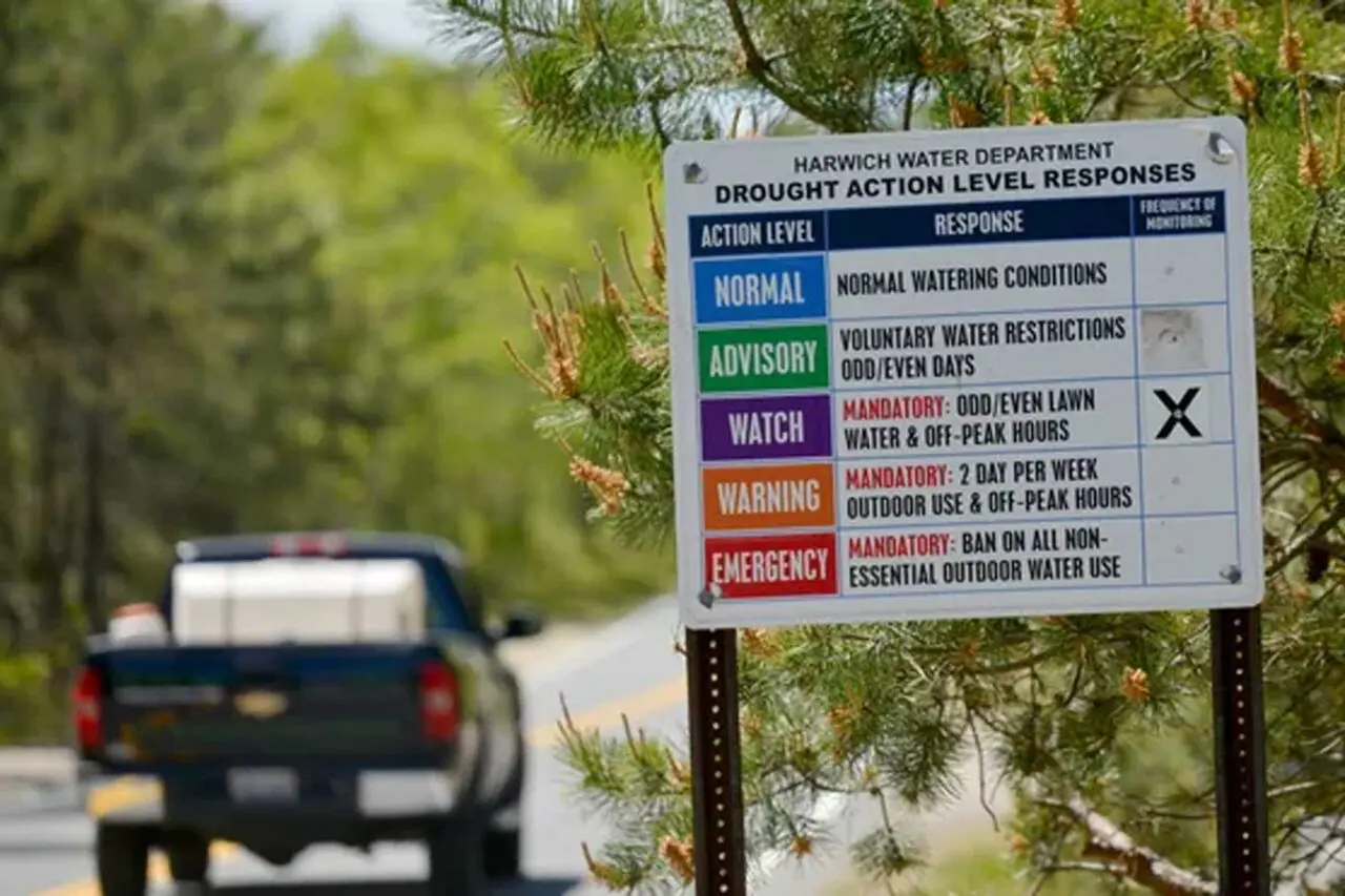 Harwich Water Department roadside sign listing drought response levels, with the Watch level marked.