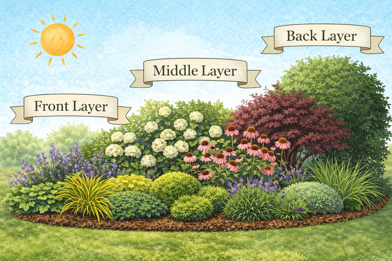 An illustration of layered foundation planting, showing how front, middle, and back plant layers work together to create depth, balance, and year-round structure.