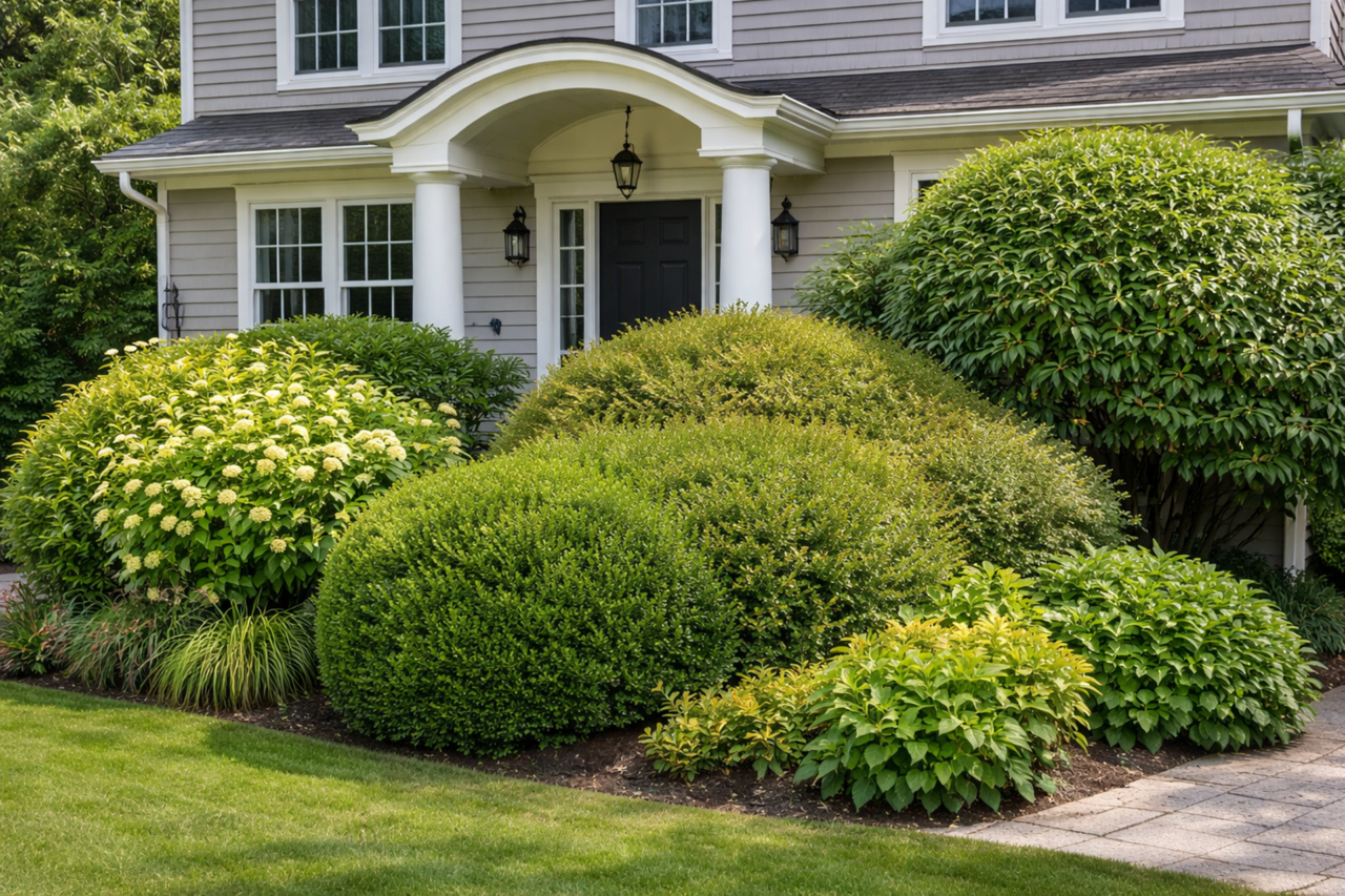 A New England home with an overcrowded foundation planting, where oversized shrubs press together and begin to conceal windows, architectural details, and the front entry.