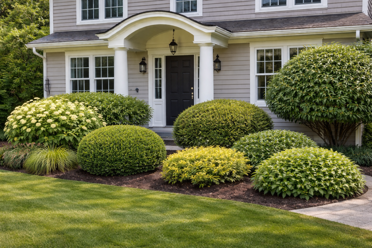 The same New England home after proper pruning, with foundation shrubs shaped and spaced to reveal the windows, entry, and architecture while creating a cleaner, more balanced landscape.