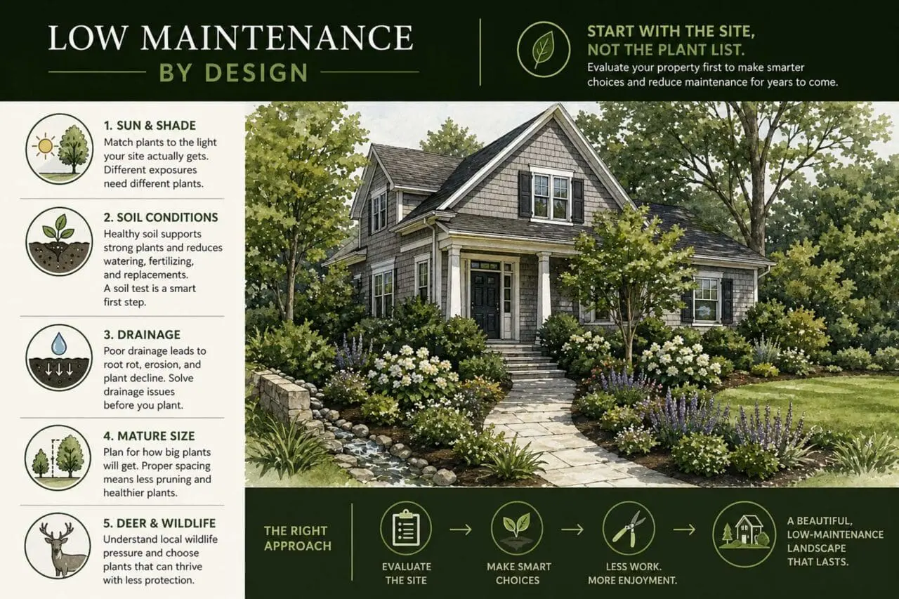 A refined Boston-area garden scene showing the key site factors behind a low-maintenance landscape, including light exposure, soil health, drainage, mature plant size, and local wildlife pressure.