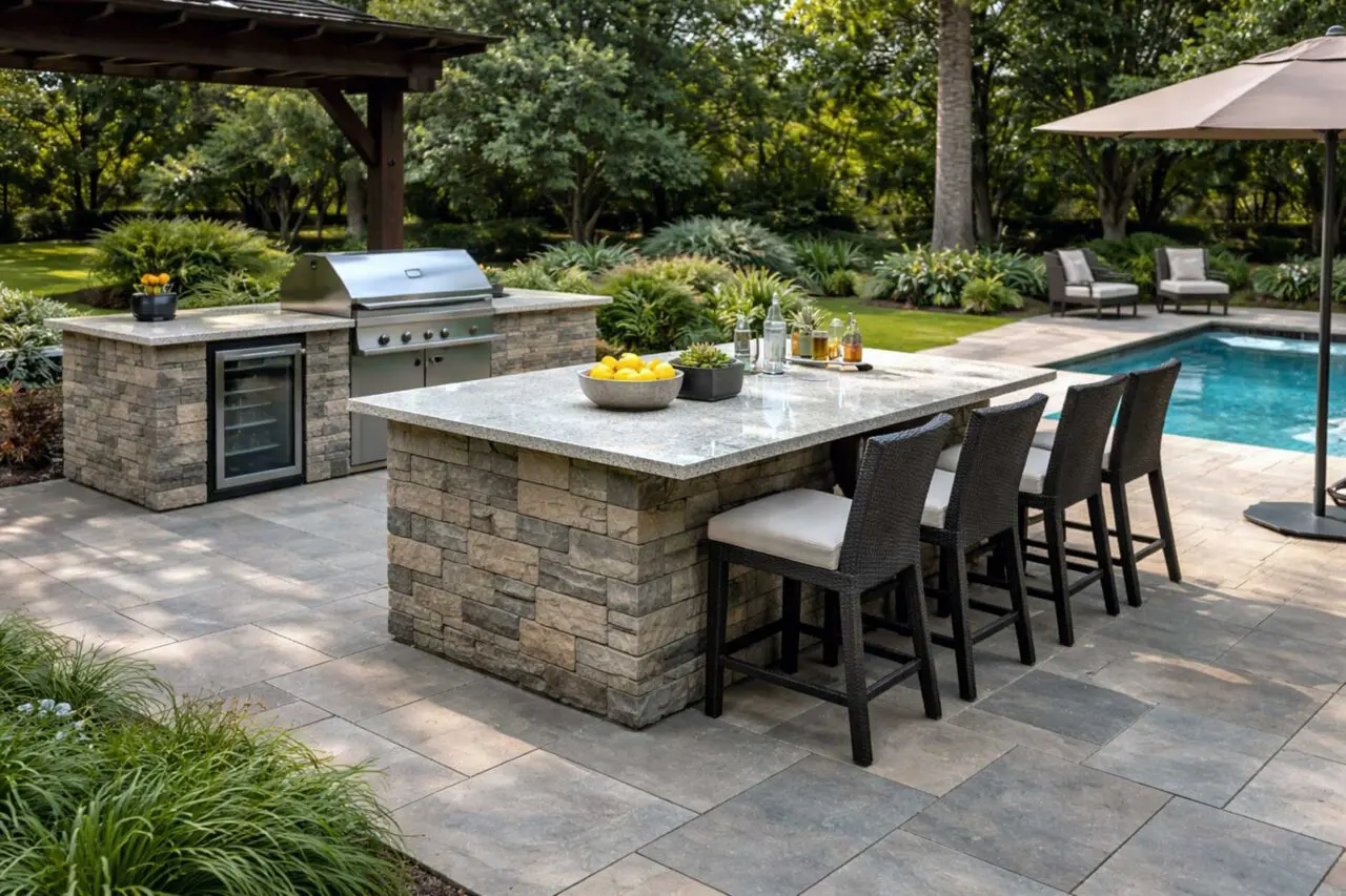 An island-style outdoor kitchen with wraparound seating and open layout encourages social interaction while providing a central hub for cooking and gathering outdoors.