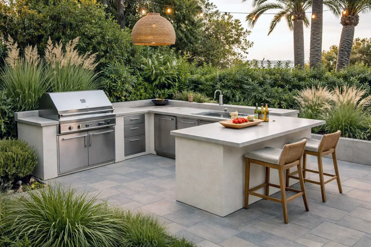 Layered evergreen screening with ornamental grasses and shrubs creates a natural privacy buffer around this outdoor kitchen, enhancing comfort while maintaining an open landscape feel.