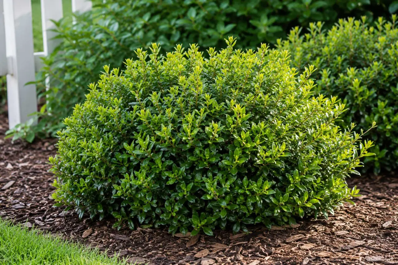 Compacta inkberry holly forms a dense, rounded evergreen shrub with glossy foliage and bright new growth, providing year-round structure in the garden.
