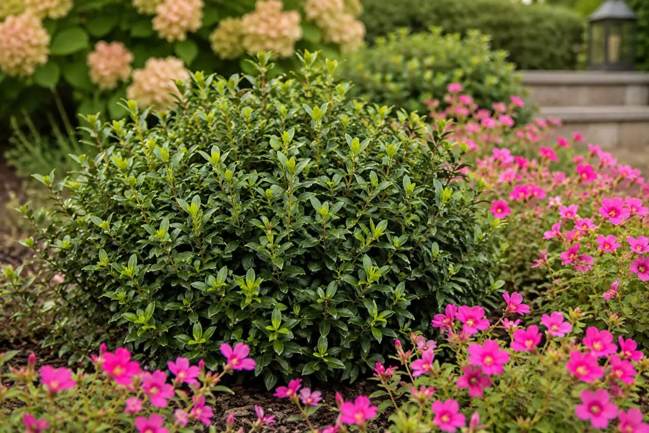 Gem Box® inkberry holly adds a compact evergreen structure to a colorful garden bed, surrounded by bright pink perennials and hydrangeas.