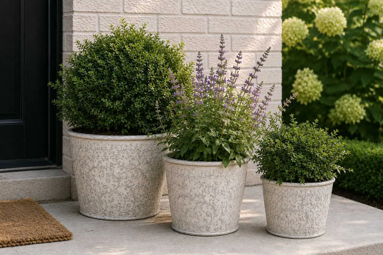 Three decorative planters pair compact inkberry holly with purple flowering perennials, creating a natural, relaxed container display for a New England entryway.