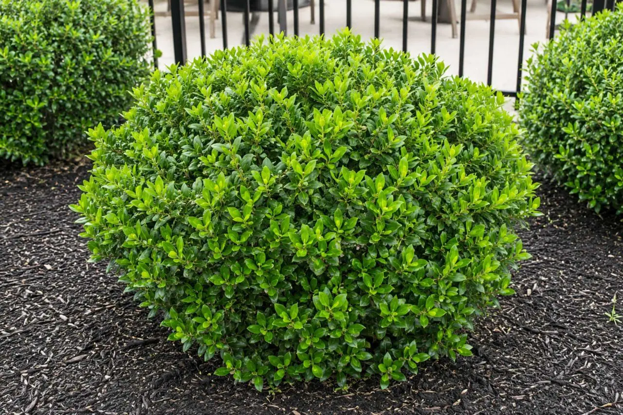 Shamrock inkberry holly forms a dense, rounded evergreen shrub with glossy foliage and bright green new growth, providing year-round structure in the landscape.