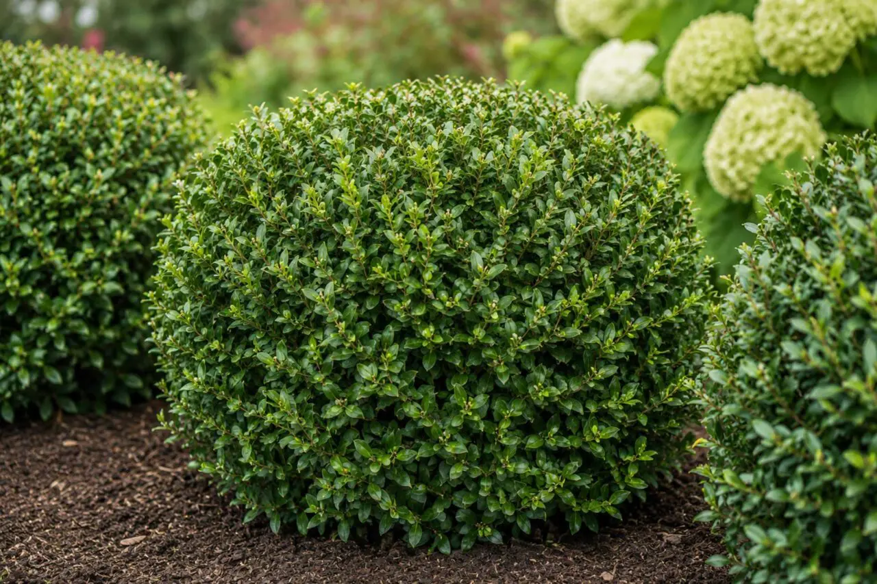 Strongbox® inkberry holly forms a dense, rounded evergreen shrub, adding year-round structure and rich green foliage to a layered garden planting.