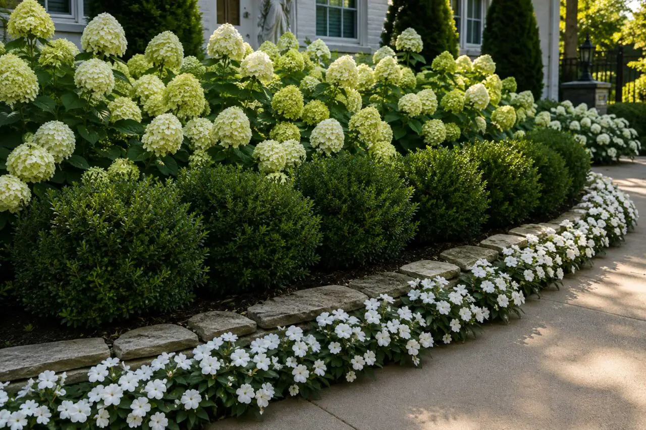 Inkberry holly adds evergreen structure beneath white hydrangeas and flowering perennials in a relaxed, layered garden border.