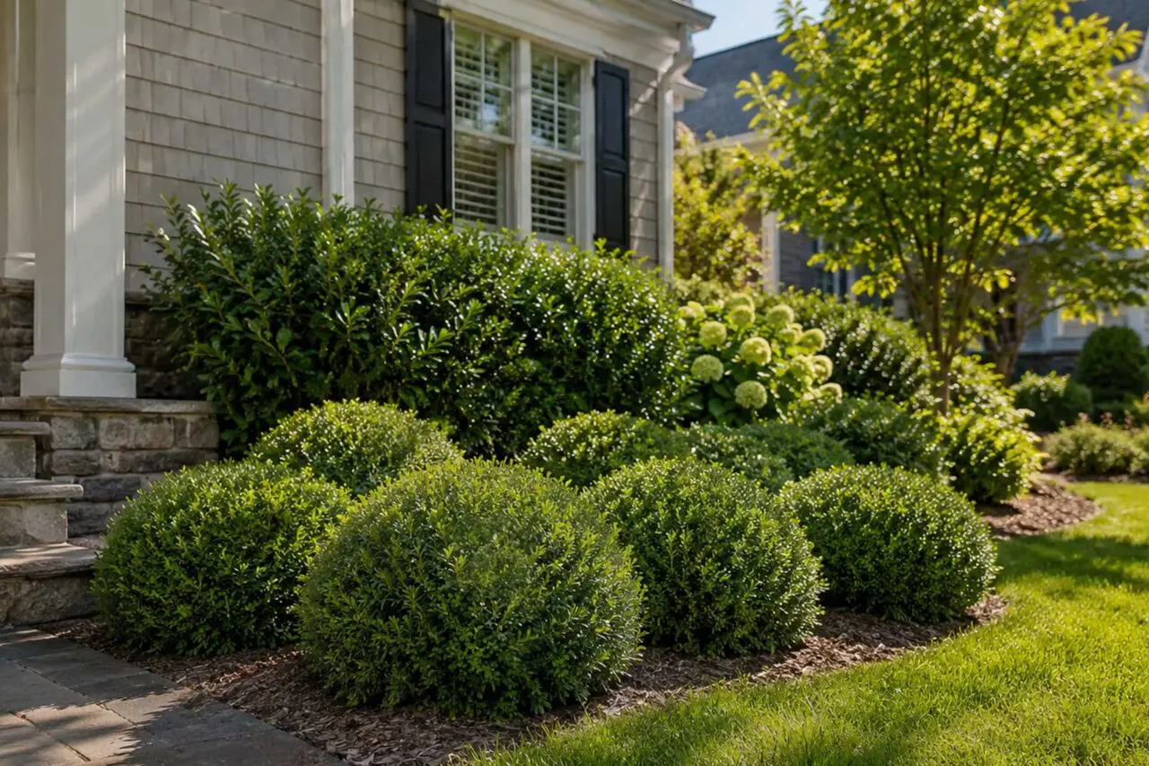 Inkberry hollies provide evergreen structure and complement layered foundation plantings.