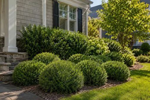 Inkberry hollies provide evergreen structure and complement layered foundation plantings.