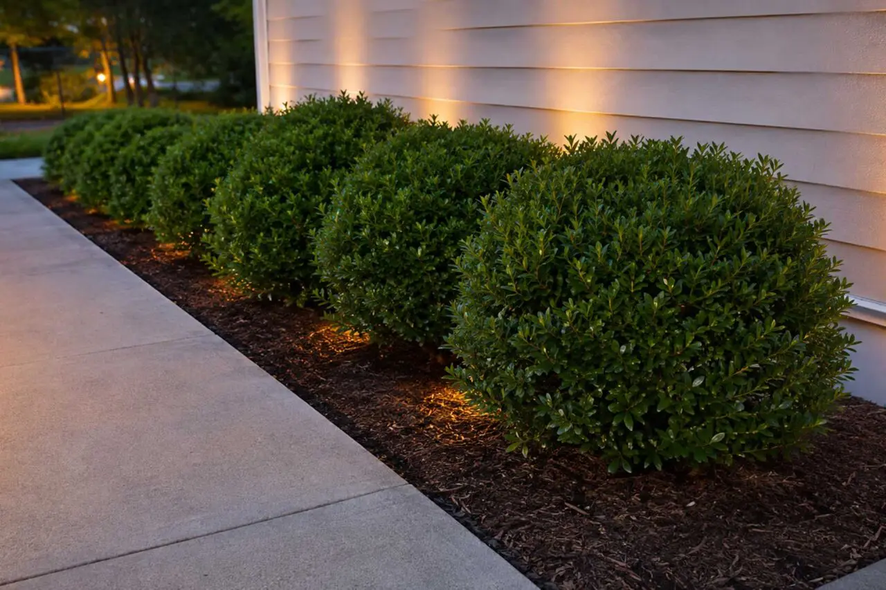 Inkberry holly shrubs create a neat evergreen foundation planting, softly illuminated by landscape lighting along the walkway.