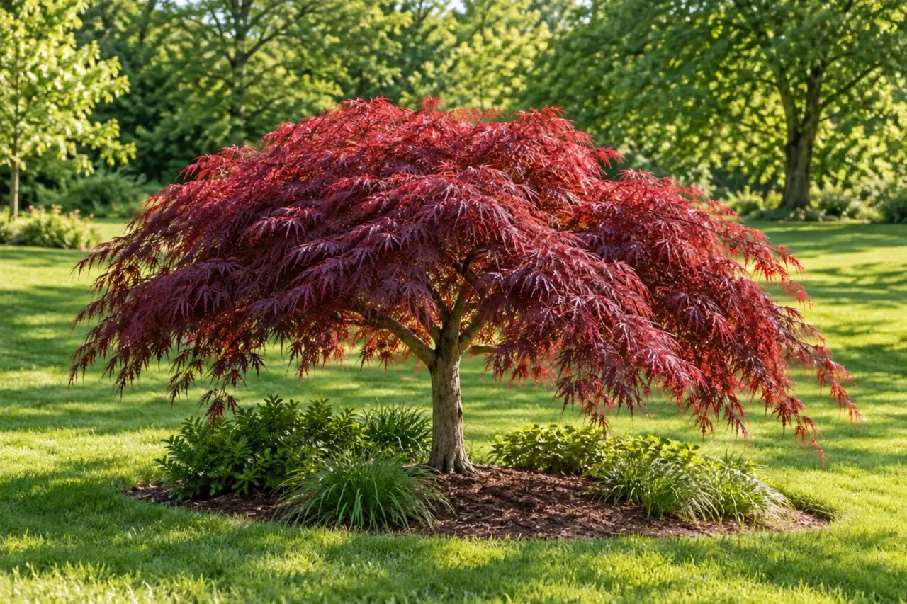 Crimson Queen Japanese maple with cascading burgundy laceleaf foliage above a green lawn.