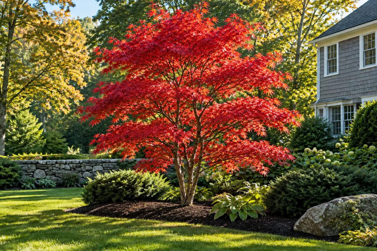 Red Japanese maple with upright, layered branches in a landscaped Boston-area garden.