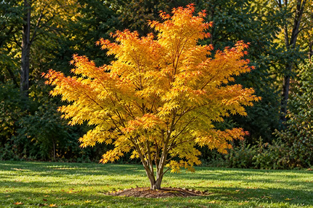 Sango-kaku Japanese maple with golden-yellow autumn foliage and upright branches against a woodland background.