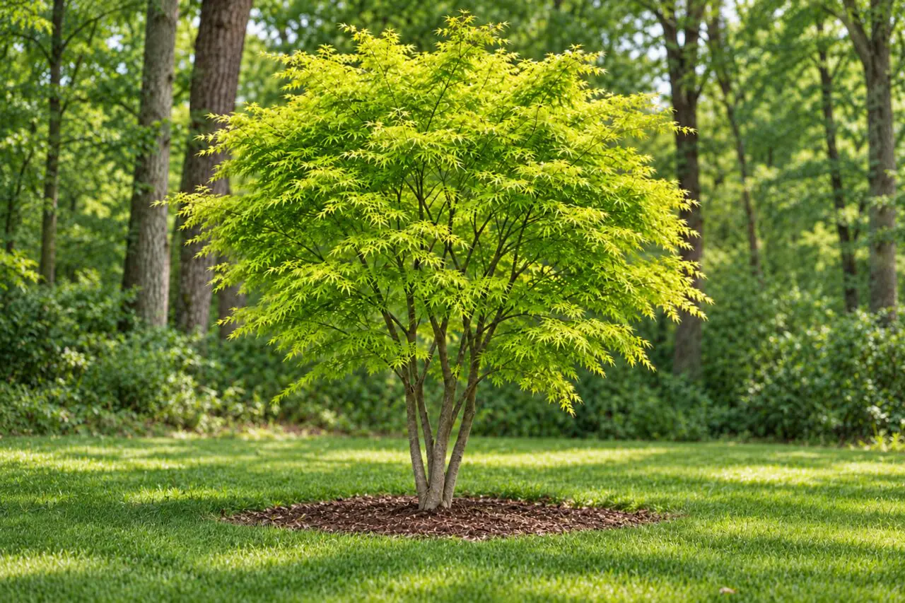 Seiryu Japanese maple with finely divided green leaves and upright branching on a lawn beside woodland.