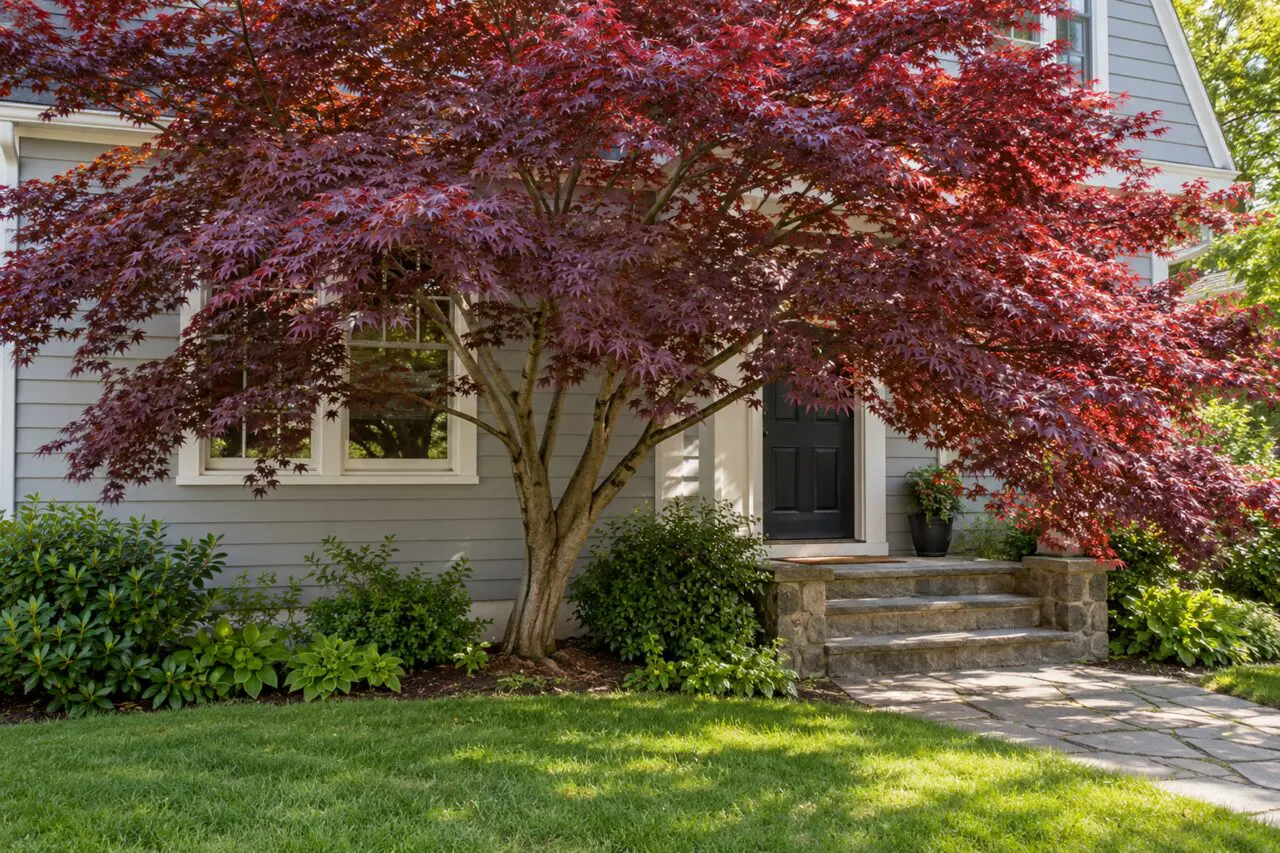 Mature red Japanese maple crowding a house window and spreading over the front entrance steps.