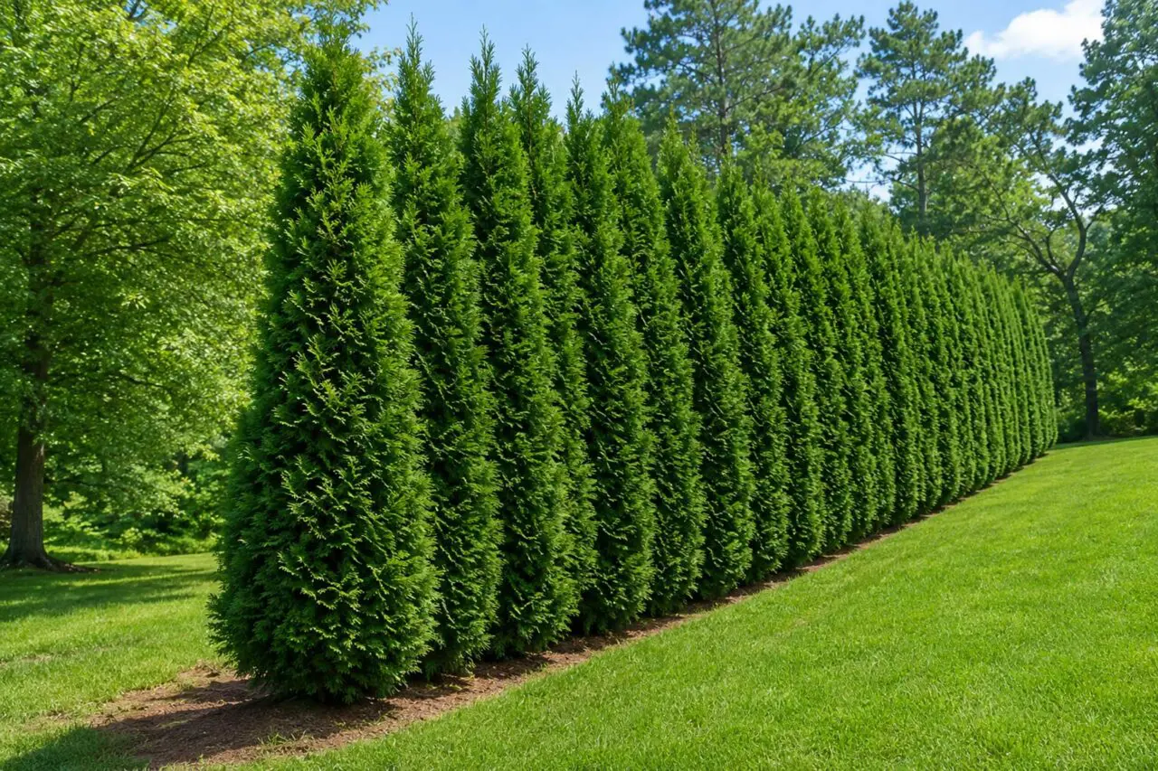 Dense row of Green Giant arborvitae trees creating a tall evergreen privacy screen for a residential landscape.
