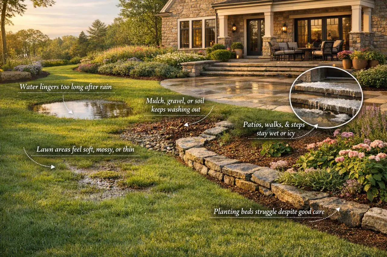 This landscape highlights five common residential drainage problems, including standing water, washout in planting beds, thinning turf, wet or icy hardscape, and plant stress caused by overly saturated soil.