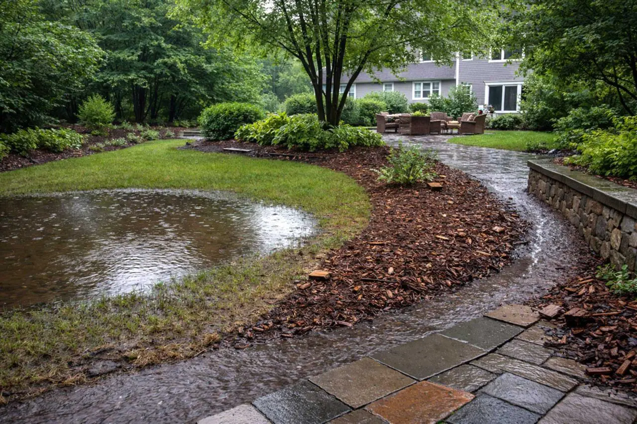 Standing water collects in a lawn depression while a light runoff line follows the edge of a mulched bed and stone wall, illustrating a common residential drainage issue on a New England property.