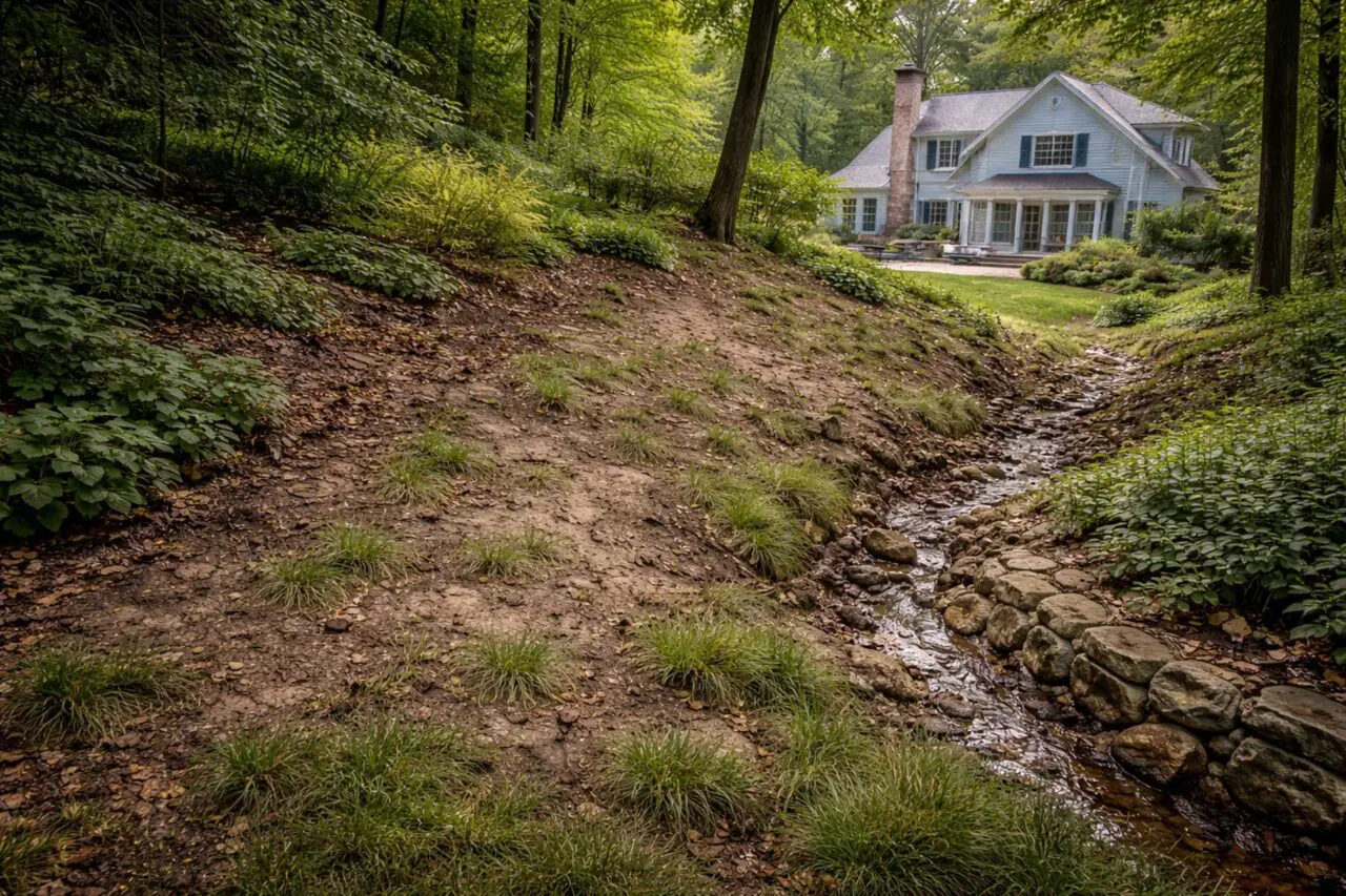 Shaded slopes and washout-prone areas can be challenging to manage in New England landscapes, making carefully selected native ground covers a smart option for coverage and erosion control.