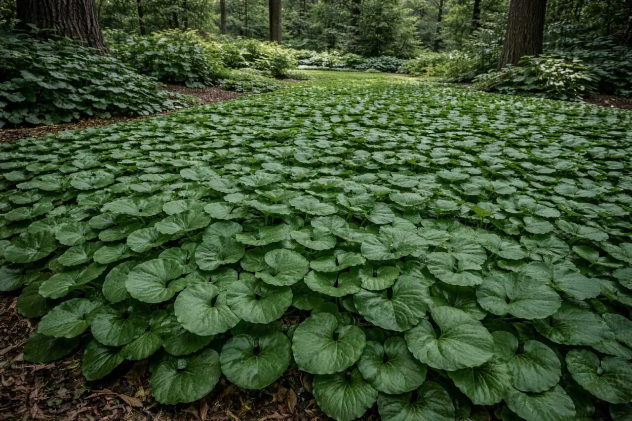 Wild ginger is a native shade ground cover known for its broad, heart-shaped leaves and rich texture in woodland-style plantings.