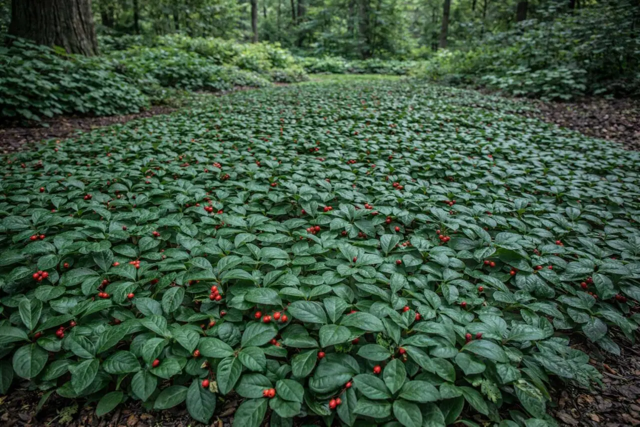 Wintergreen is an evergreen native ground cover that adds glossy foliage and red berries to shaded Boston-area landscapes.
