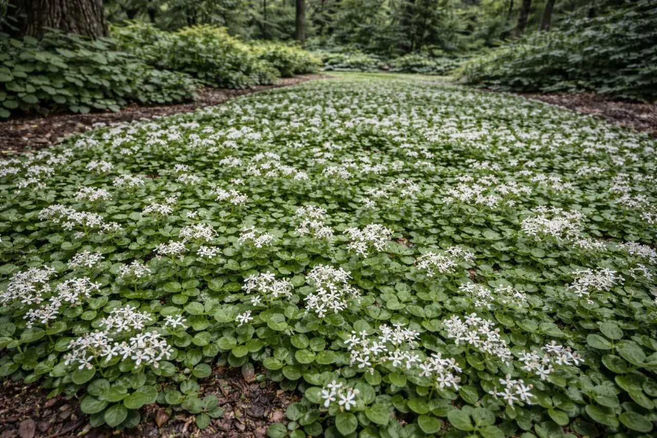 Woodland stonecrop is a native ground cover suited to shady areas, with low succulent foliage and clusters of small white flowers.