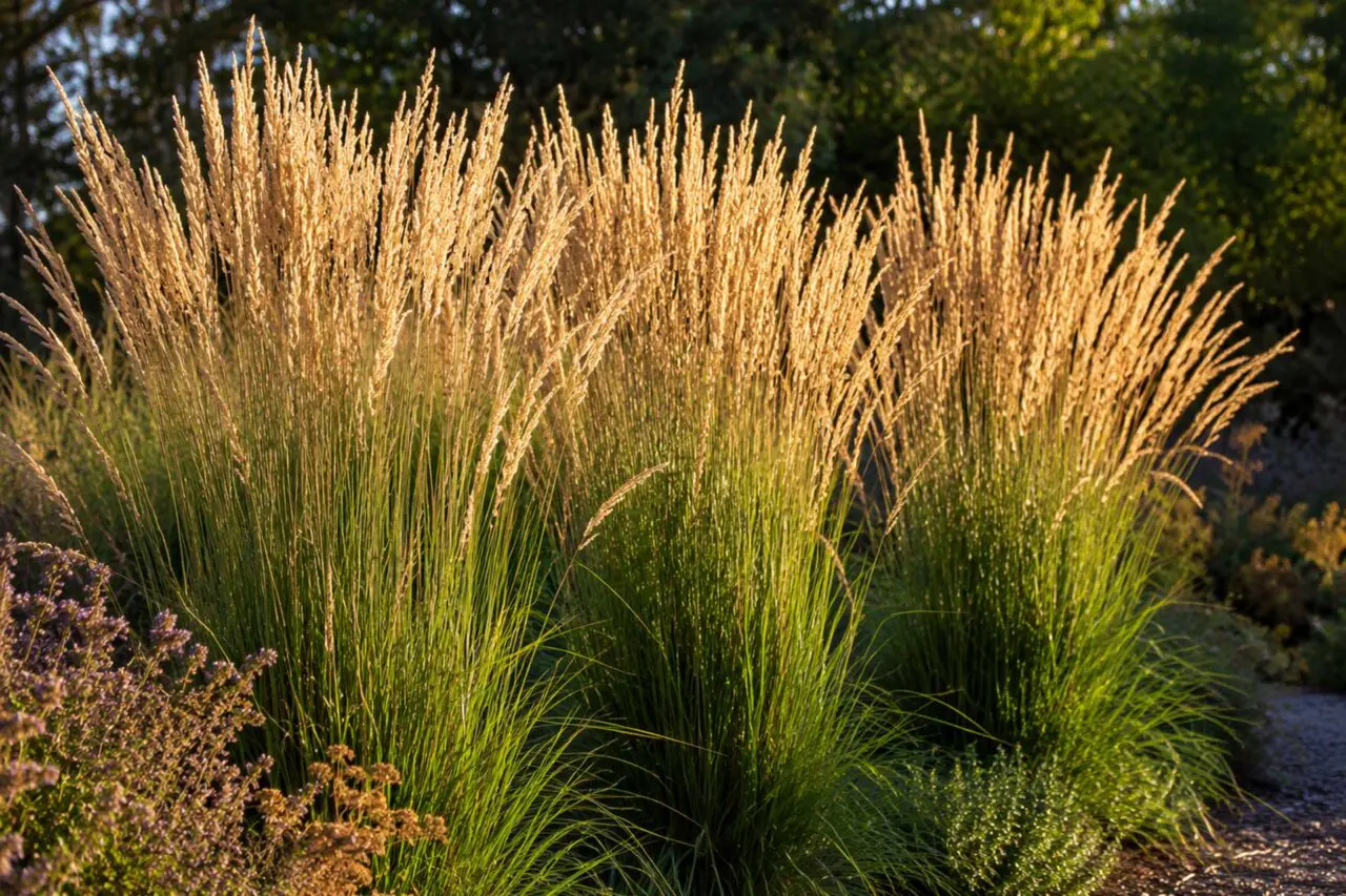 Calamagrostis adds upright structure, soft movement, and golden seedheads. Best used in sunny borders, walkway edges, and refined planting beds where a clean vertical form is needed.