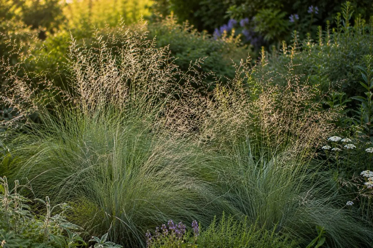 Deschampsia cespitosa, or tufted hairgrass, adds fine texture and airy seedheads in part-shade or moist garden settings. Best used in woodland edges, shaded borders, and naturalistic planting beds.